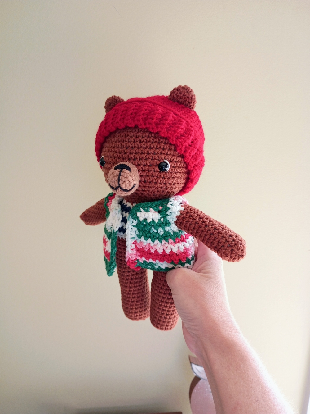 Handmade Brown Crochet Bear Plush with Red Hat Christmas